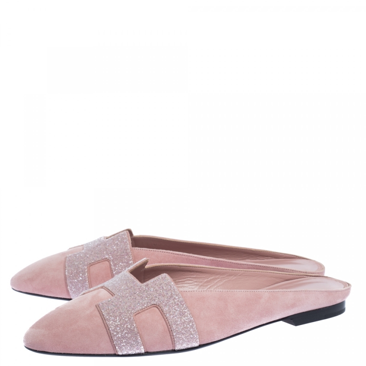Pre Owned Hermes Pink Suede Roxane Flat Mules Size 38.5