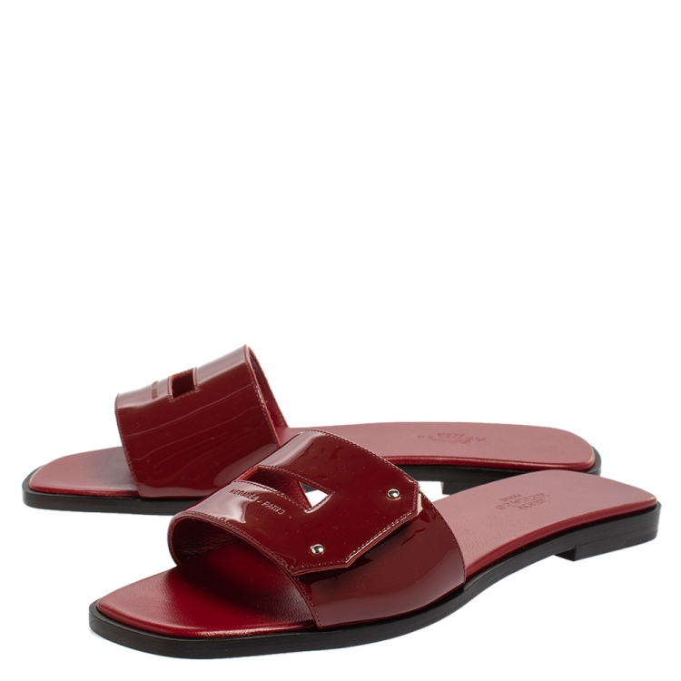 Pre Owned Hermes Burgundy Patent Leather View Flats Size 37