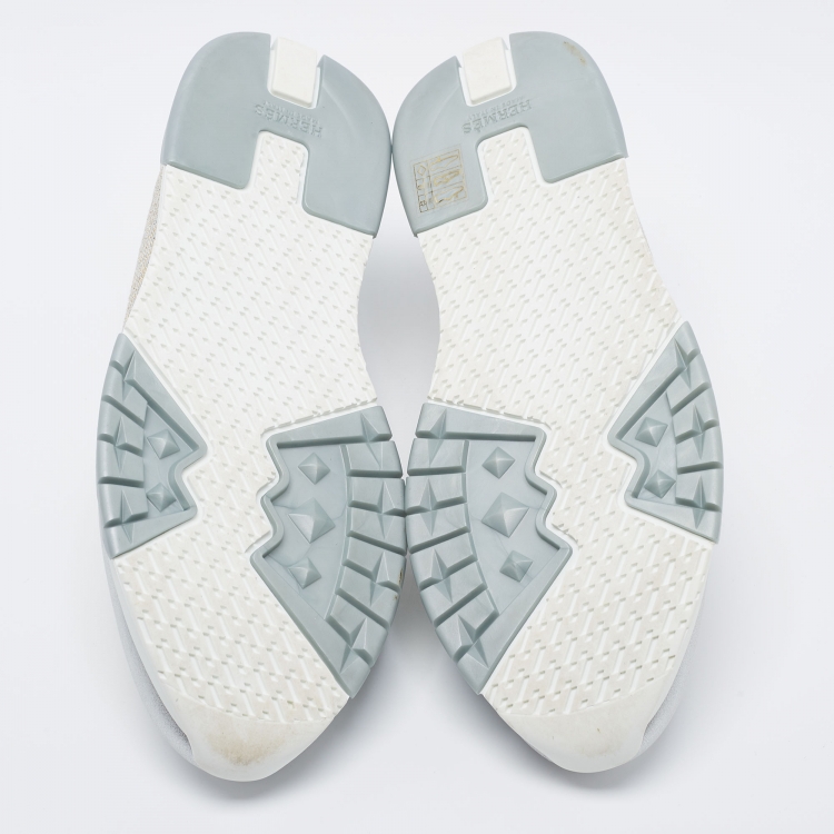 Pre Owned Hermes Metallic Silver/Gold Knit Fabric and Leather Addict Sneakers Size 38.5