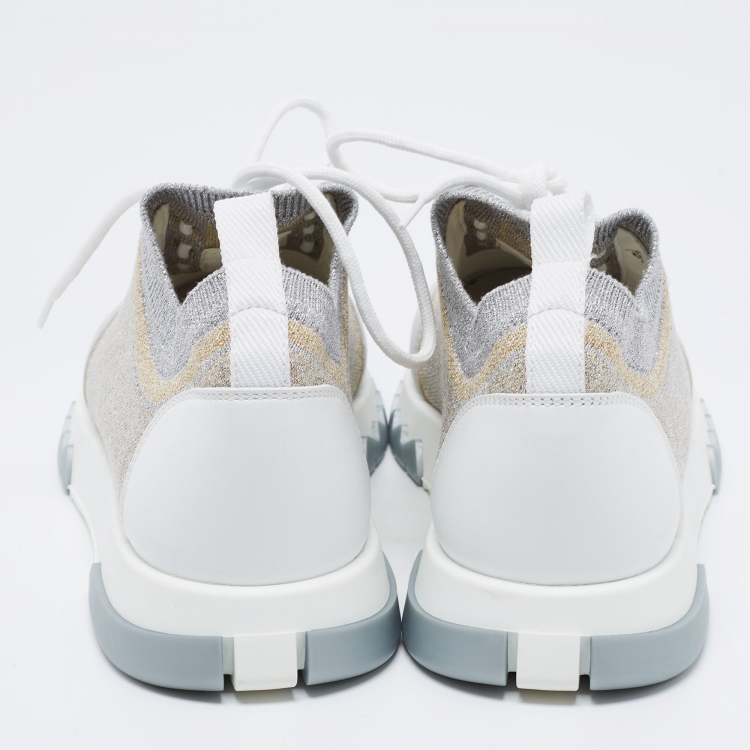 Pre Owned Hermes Metallic Silver/Gold Knit Fabric and Leather Addict Sneakers Size 38.5
