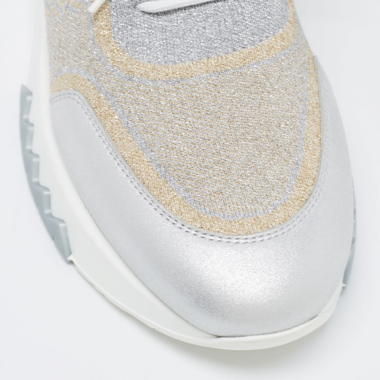 Pre Owned Hermes Metallic Silver/Gold Knit Fabric and Leather Addict Sneakers Size 38.5