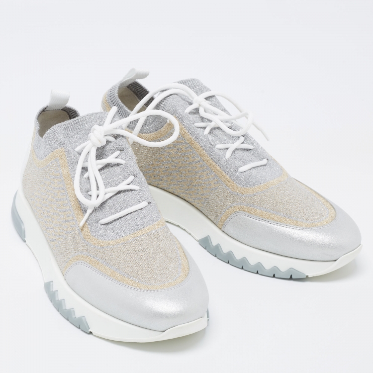 Pre Owned Hermes Metallic Silver/Gold Knit Fabric and Leather Addict Sneakers Size 38.5