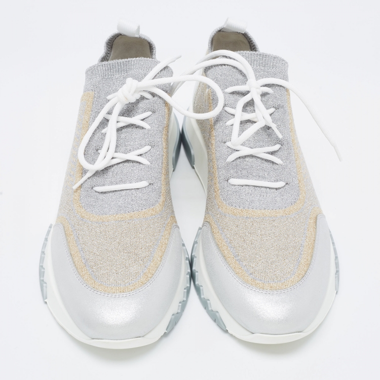 Pre Owned Hermes Metallic Silver/Gold Knit Fabric and Leather Addict Sneakers Size 38.5