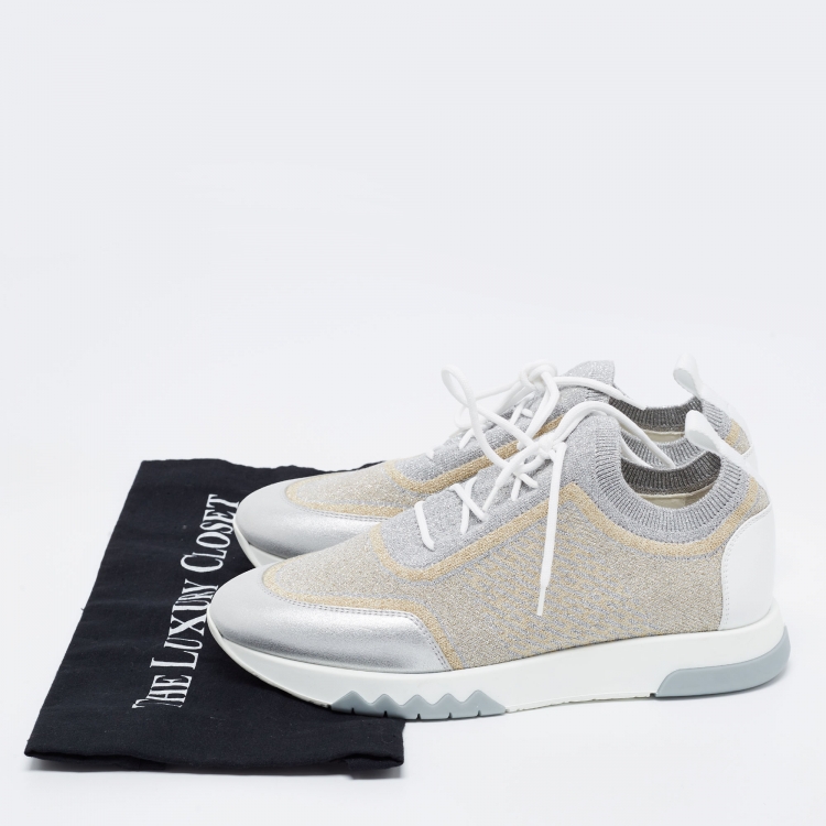 Pre Owned Hermes Metallic Silver/Gold Knit Fabric and Leather Addict Sneakers Size 38.5