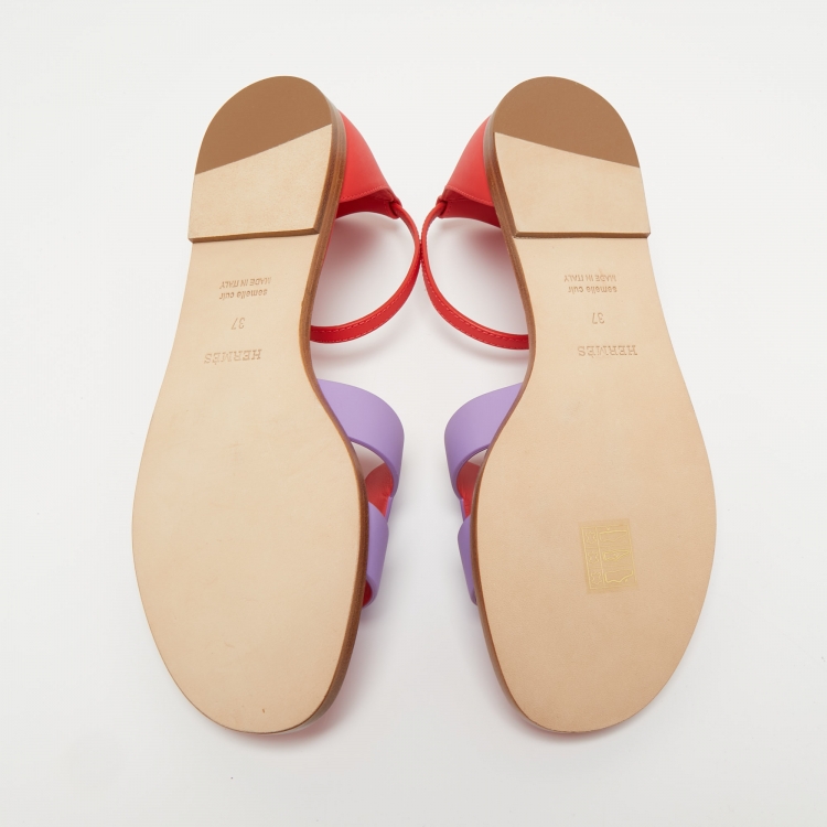 Pre Owned Hermes Purple/Red Leather Santorini Ankle Strap Sandals Size 37