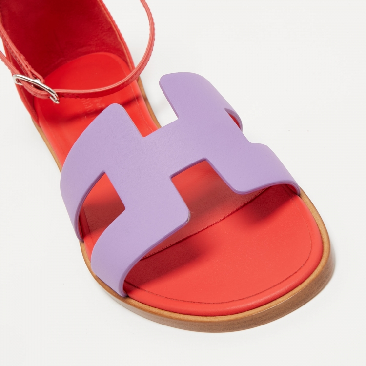 Pre Owned Hermes Purple/Red Leather Santorini Ankle Strap Sandals Size 37
