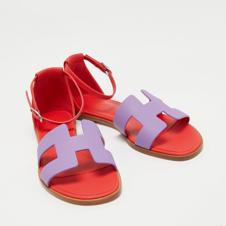 Pre Owned Hermes Purple/Red Leather Santorini Ankle Strap Sandals Size 37