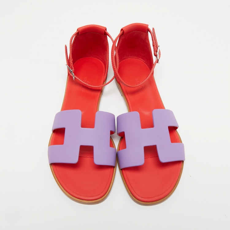 Pre Owned Hermes Purple/Red Leather Santorini Ankle Strap Sandals Size 37
