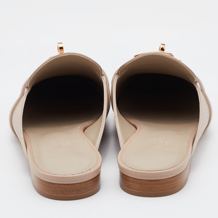 Pre Owned Hermes Beige Leather Oz Flat Mules Size 38