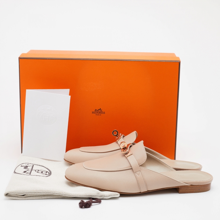 Pre Owned Hermes Beige Leather Oz Flat Mules Size 38