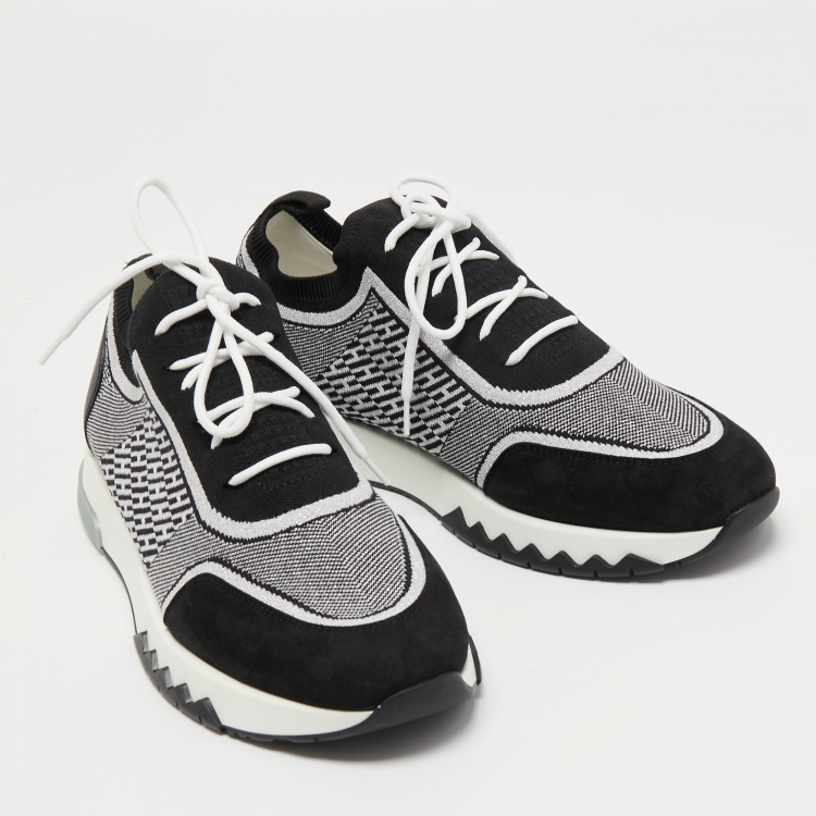 Pre Owned Hermes Black/White Fabric and Suede Addict Sneakers Size 39.5