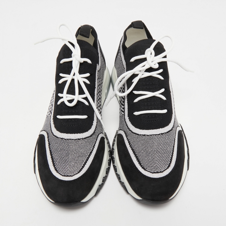 Pre Owned Hermes Black/White Fabric and Suede Addict Sneakers Size 39.5