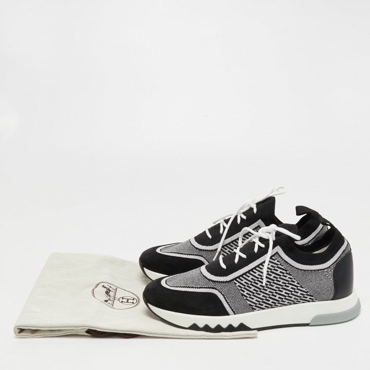 Pre Owned Hermes Black/White Fabric and Suede Addict Sneakers Size 39.5