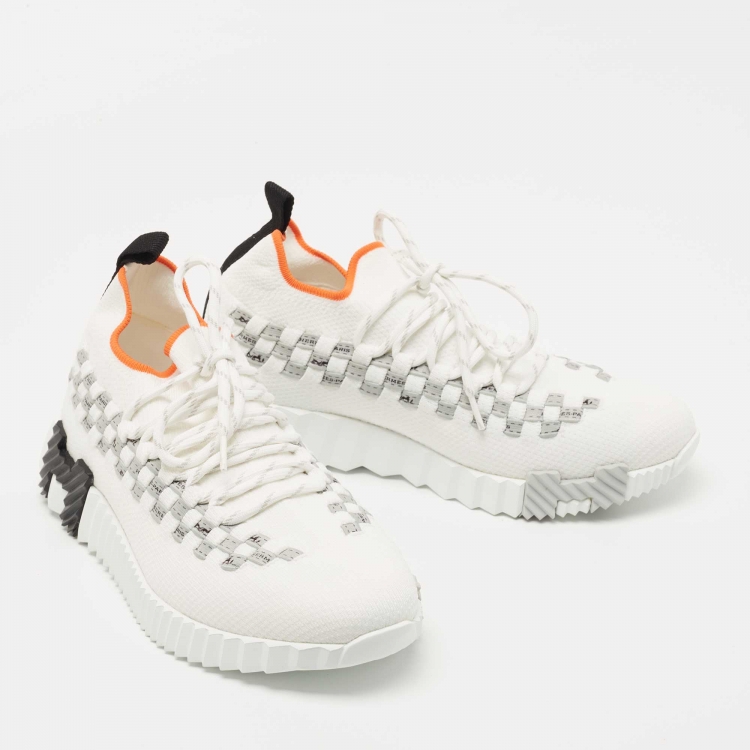 Pre Owned Hermes White Knit Fabric Flex Sneakers Size 36.5