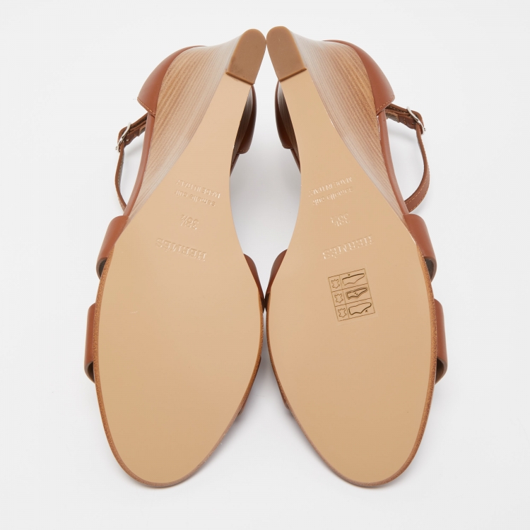 Pre Owned Hermes Brown Leather Legend Wedge Sandals Size 38.5