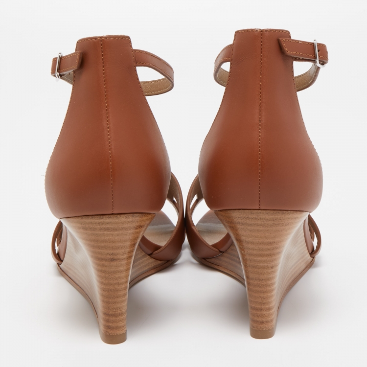 Pre Owned Hermes Brown Leather Legend Wedge Sandals Size 38.5