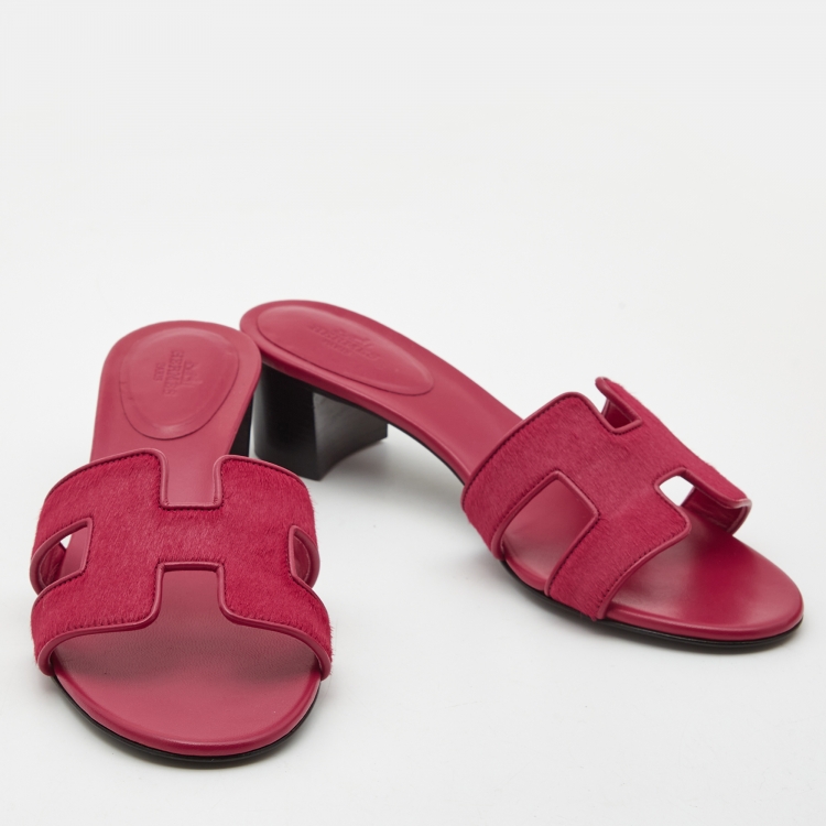Pre Owned Hermes  Red Calf Hair Oasis Slide Sandals Size 38