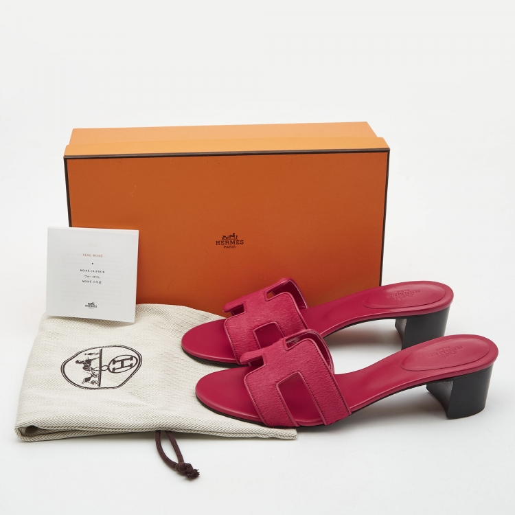 Pre Owned Hermes  Red Calf Hair Oasis Slide Sandals Size 38