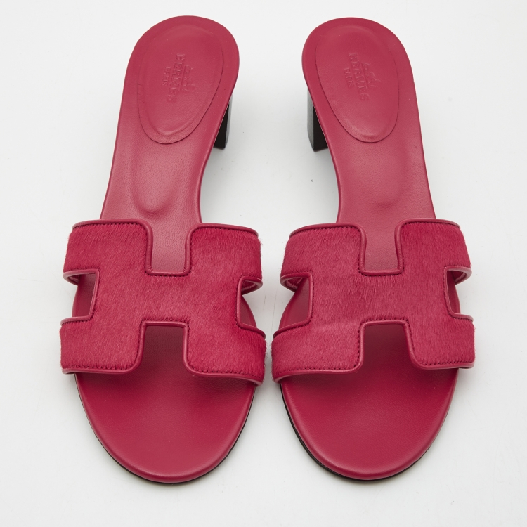 Pre Owned Hermes  Red Calf Hair Oasis Slide Sandals Size 38