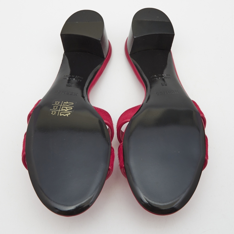 Pre Owned Hermes  Red Calf Hair Oasis Slide Sandals Size 38