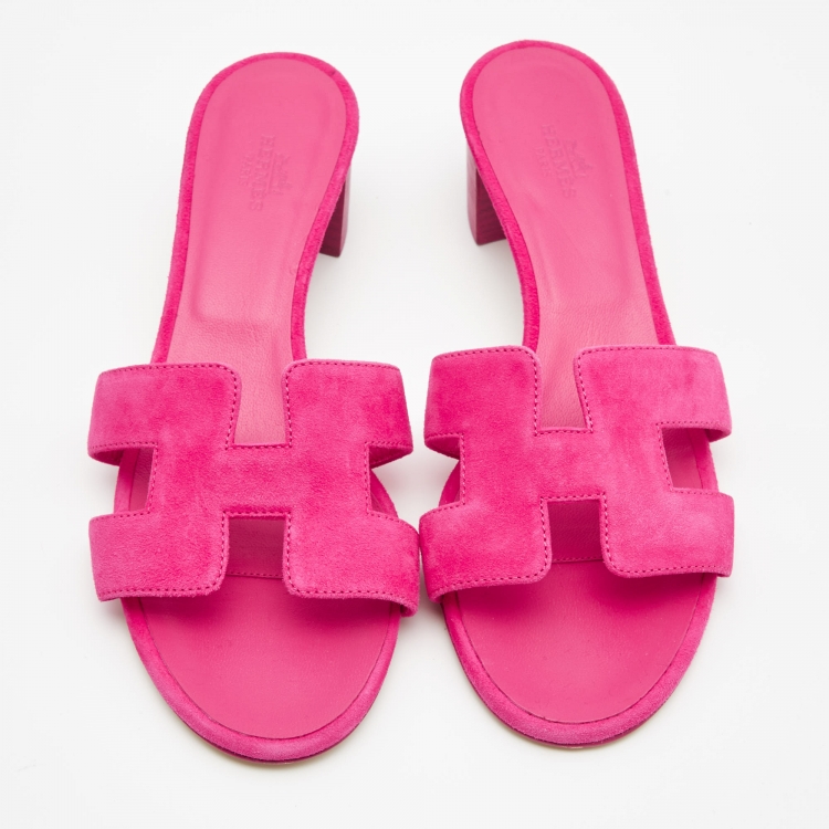 Pre Owned Hermes Pink Suede Oasis Slide Sandals Size 37.5