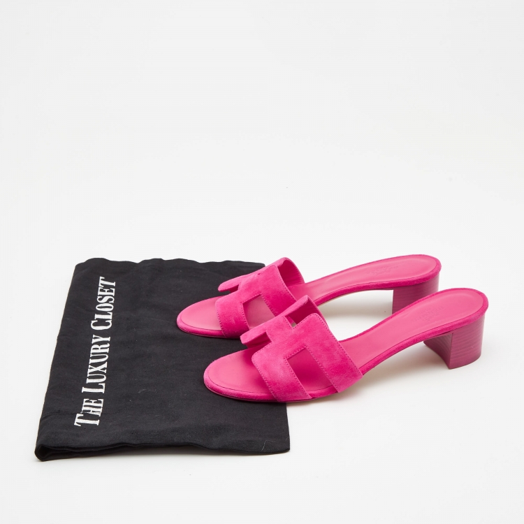 Pre Owned Hermes Pink Suede Oasis Slide Sandals Size 37.5