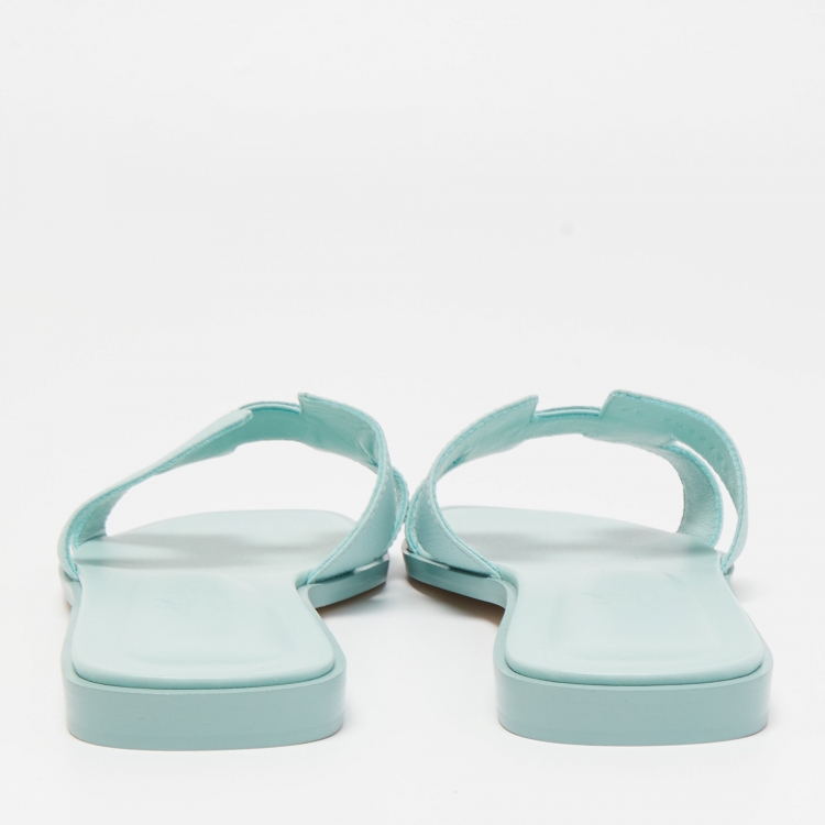 Pre Owned Hermes Light Blue Leather Oran Flat Slides Size 38