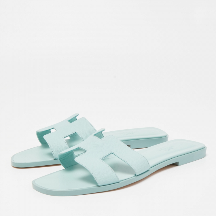 Pre Owned Hermes Light Blue Leather Oran Flat Slides Size 38