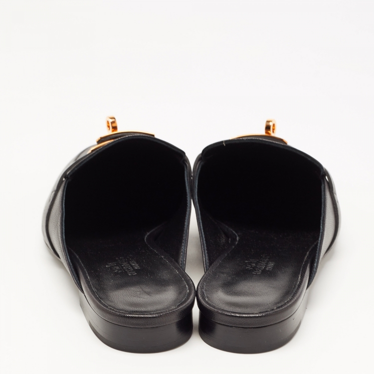 Pre Owned Hermes Black Leather Oz Flat Mules Size 38