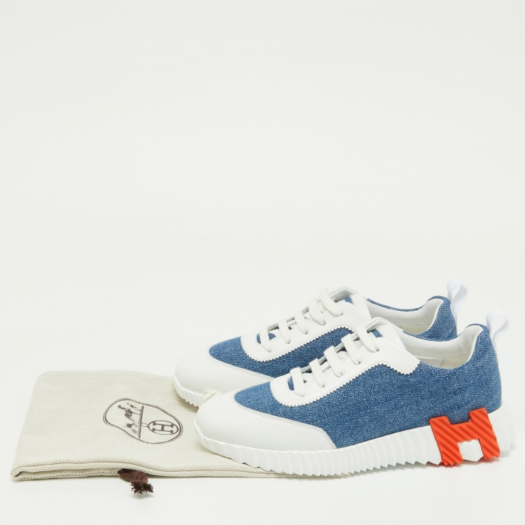Pre Owned Hermes Blue/White Denim and Leather Bouncing Sneakers Size 37.5