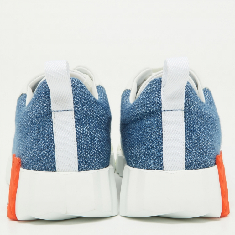 Pre Owned Hermes Blue/White Denim and Leather Bouncing Sneakers Size 37.5