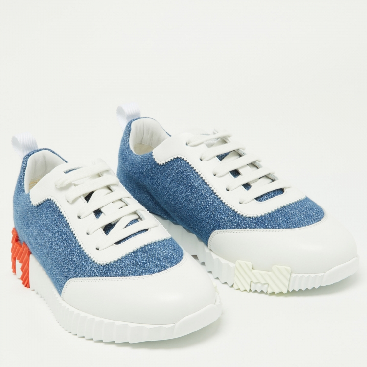 Pre Owned Hermes Blue/White Denim and Leather Bouncing Sneakers Size 37.5