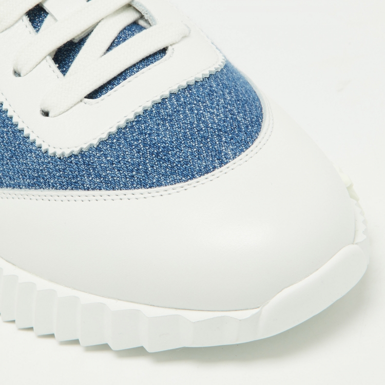 Pre Owned Hermes Blue/White Denim and Leather Bouncing Sneakers Size 37.5
