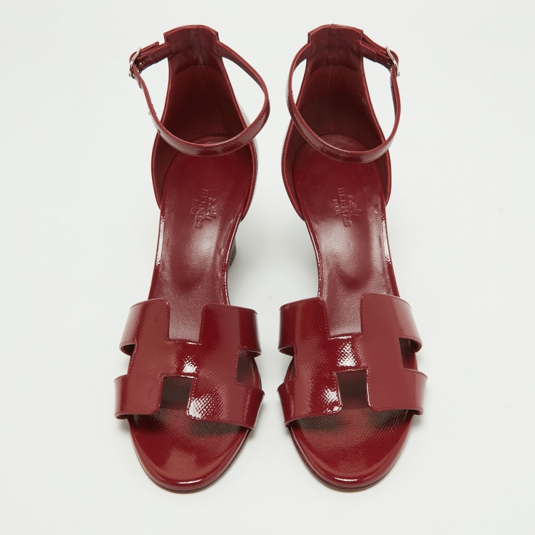 Pre Owned Hermes Burgundy Patent Leather Legend Wedge Sandals Size 40.5