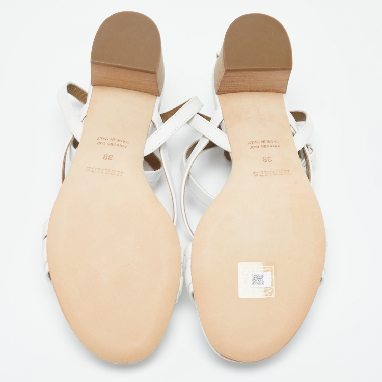 Pre Owned Hermes White Leather Anthinea Ankle Strap Sandals Size 38