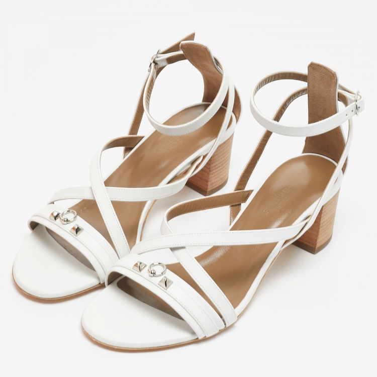 Pre Owned Hermes White Leather Anthinea Ankle Strap Sandals Size 38
