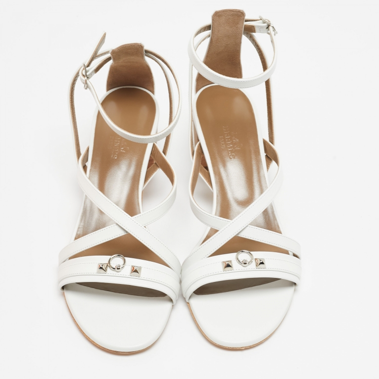 Pre Owned Hermes White Leather Anthinea Ankle Strap Sandals Size 38