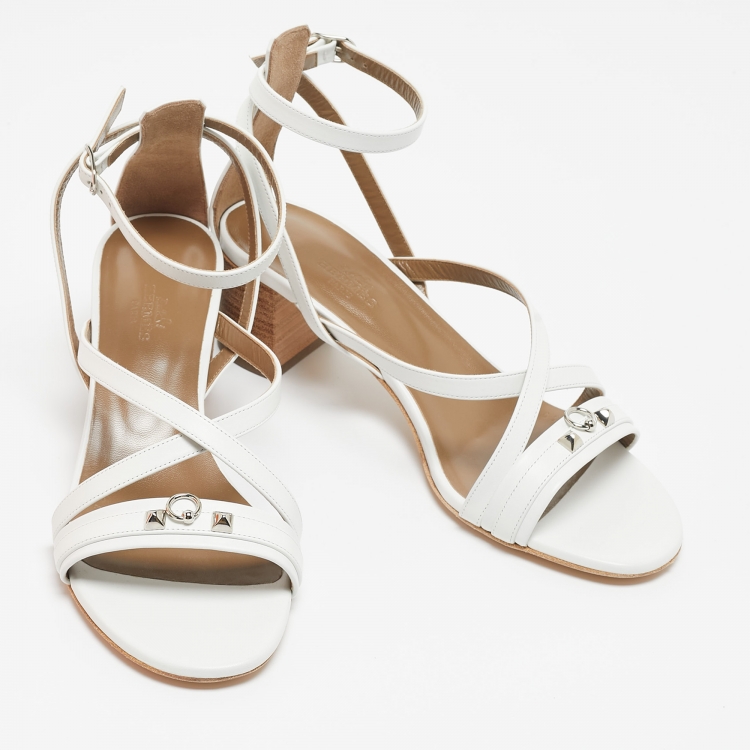 Pre Owned Hermes White Leather Anthinea Ankle Strap Sandals Size 38