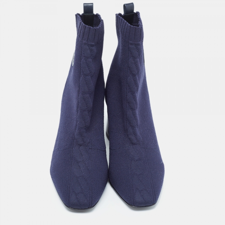 Pre Owned Hermes Navy Blue Knit Fabric Volver Boots Size 37