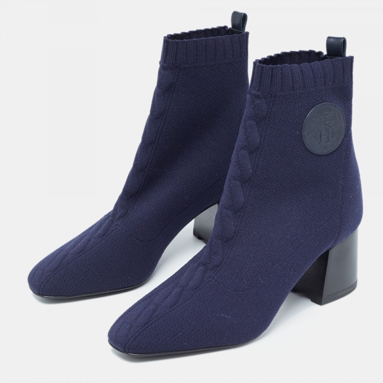 Pre Owned Hermes Navy Blue Knit Fabric Volver Boots Size 37