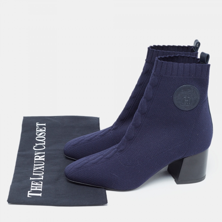 Pre Owned Hermes Navy Blue Knit Fabric Volver Boots Size 37