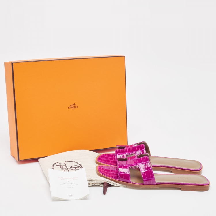 Pre Owned Hermès Purple Alligator Oran Flat Slides Size 38.5