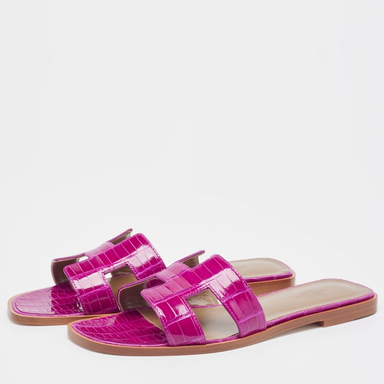 Pre Owned Hermès Purple Alligator Oran Flat Slides Size 38.5