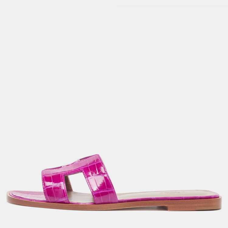 Pre Owned Hermès Purple Alligator Oran Flat Slides Size 38.5