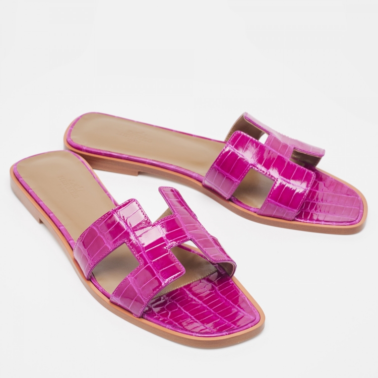 Pre Owned Hermès Purple Alligator Oran Flat Slides Size 38.5