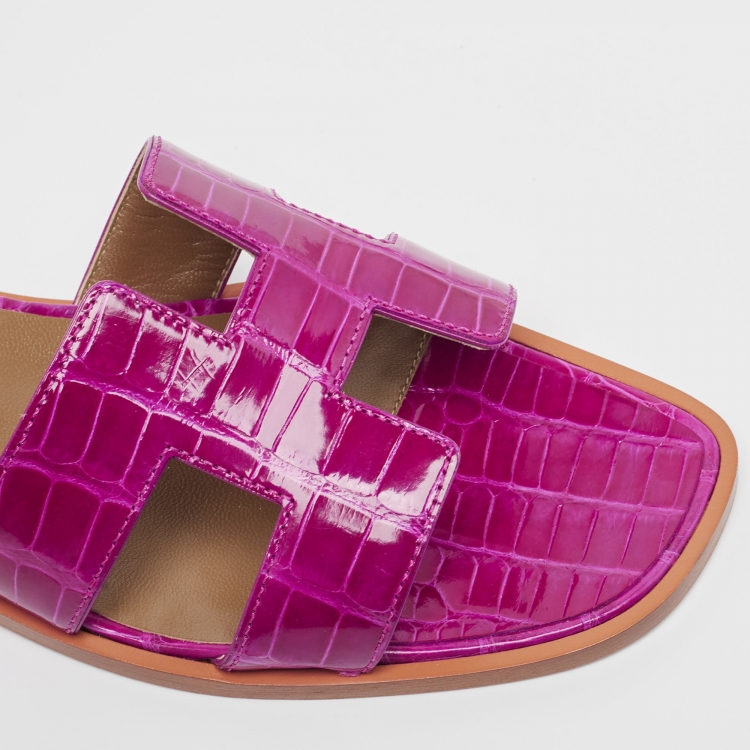 Pre Owned Hermès Purple Alligator Oran Flat Slides Size 38.5