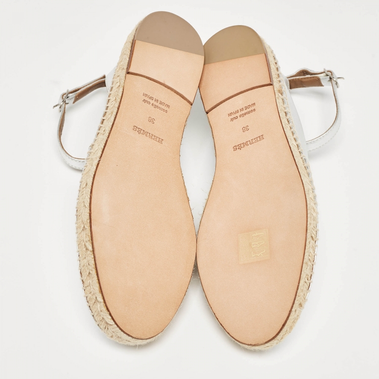 Pre Owned Hermes Silver Leather Malaga Ankle Strap Espadrilles Size 38