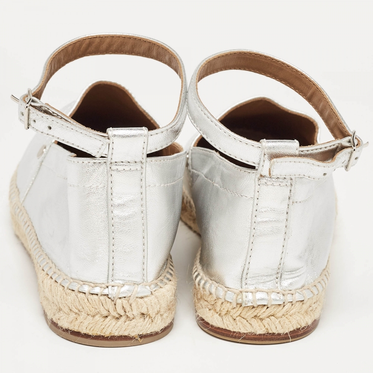 Pre Owned Hermes Silver Leather Malaga Ankle Strap Espadrilles Size 38
