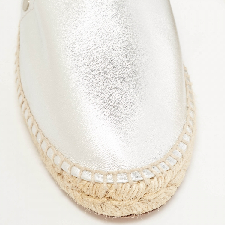 Pre Owned Hermes Silver Leather Malaga Ankle Strap Espadrilles Size 38