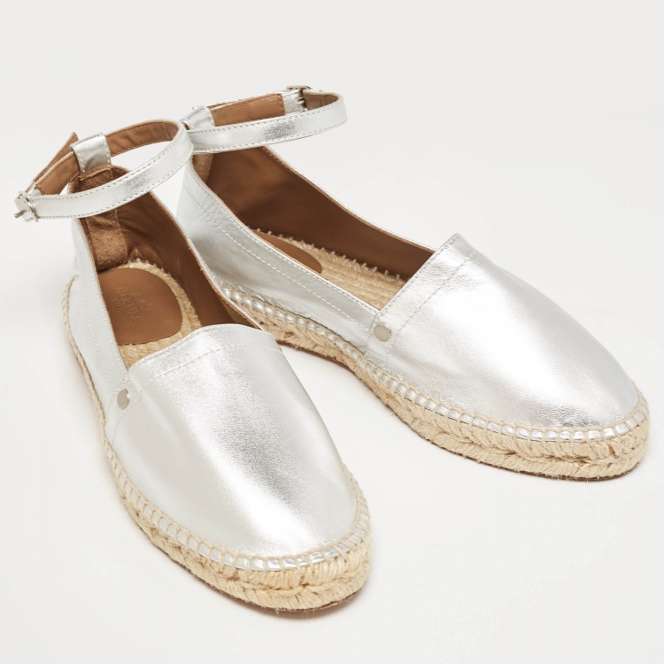 Pre Owned Hermes Silver Leather Malaga Ankle Strap Espadrilles Size 38